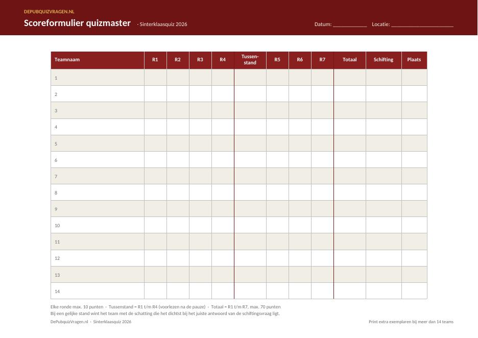 Sinterklaasquiz 2026 – scoreformulier