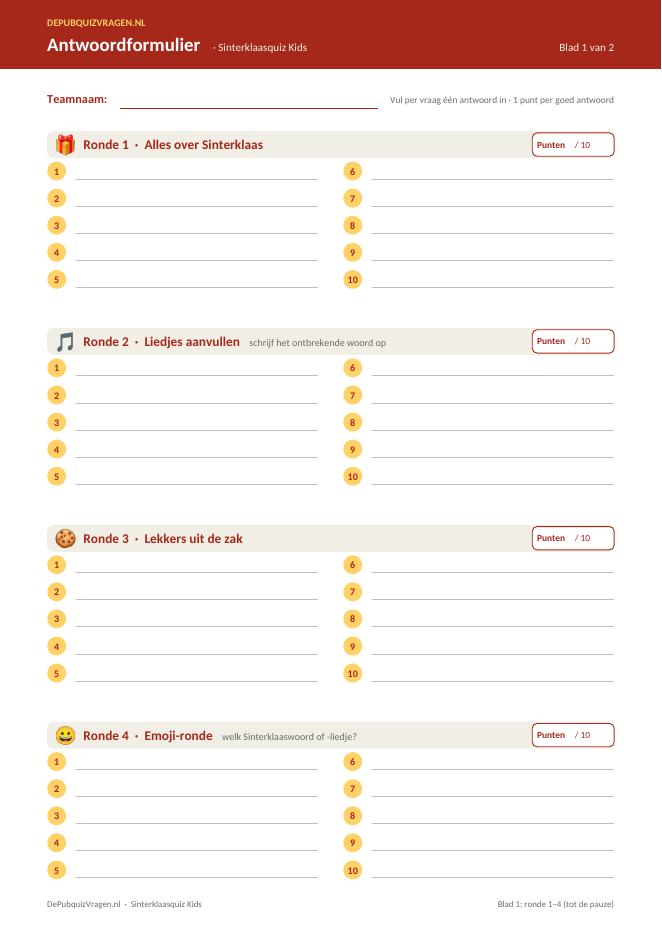 Sinterklaasquiz Kids – antwoordformulier